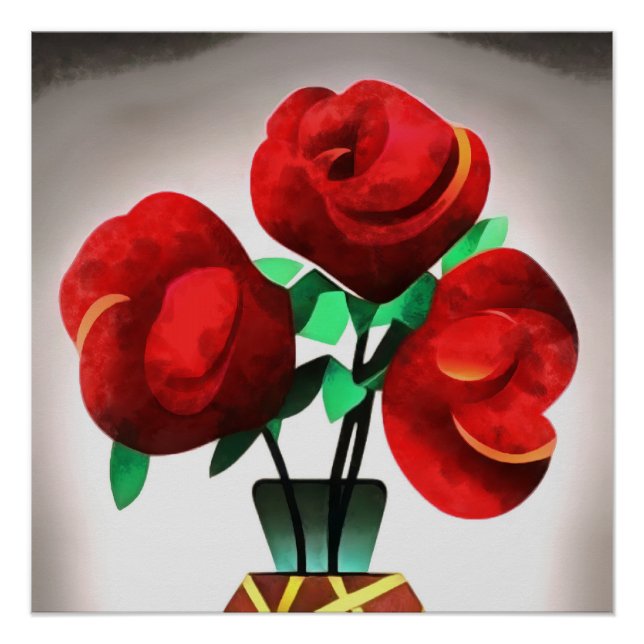 Póster Rosas Rojas Art Decó En Arte Abstracto Vase (Anverso)