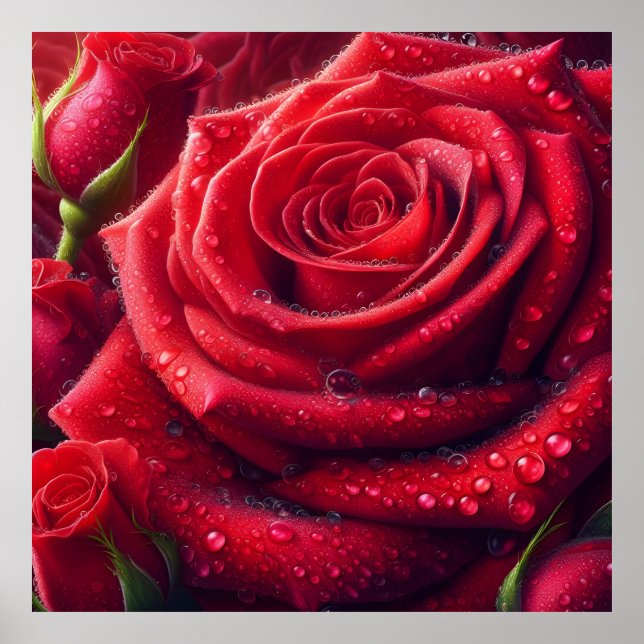 Póster Rosas rojas con gotas de lluvia (Frente)