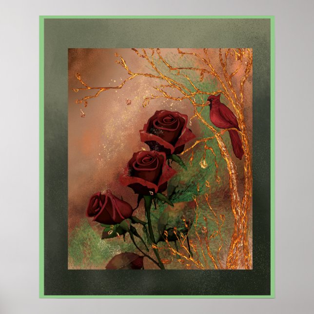 Póster Rosas rojas con un pájaro (Frente)