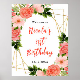 Póster Rosas Rojas Coral con Bienvenida de Cumpleaños con