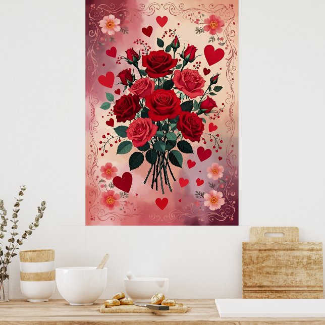Póster Rosas Rojas, Día de San Valentín, (Cocina)