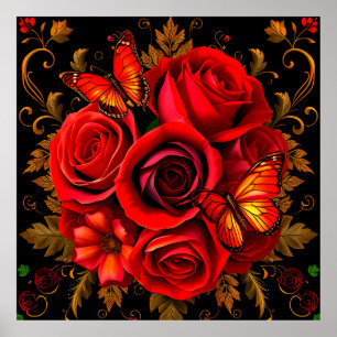 Póster Rosas Rojas Elegantes con Mariposas