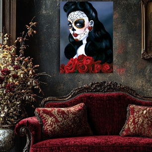 Póster Rosas Rojas Elegantes Mujer Calavera Sugar Gótica