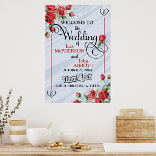 Póster Rosas Rojas Florales Bonitas Bienvenida de Boda