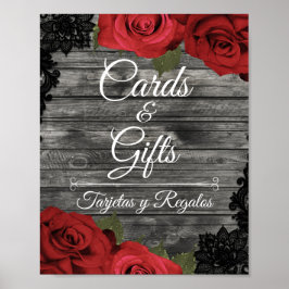 Póster Rosas Rojas Tarjetas de Boda de Encaje Rústico Neg