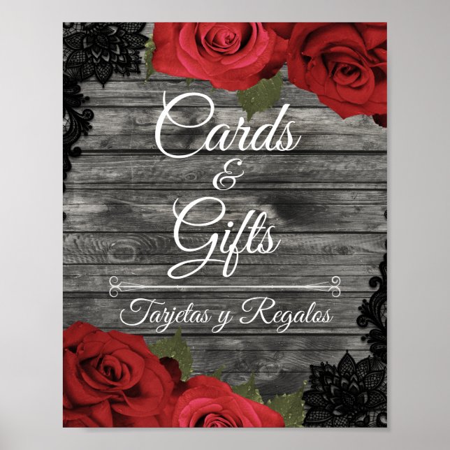 Póster Rosas Rojas Tarjetas de Boda de Encaje Rústico Neg (Frente)