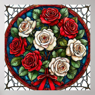 Póster Rosas Rojas Y Blancas Con Detalles Intrincados