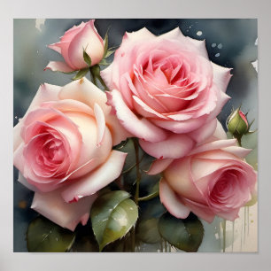 Póster rosas rosa claro bonito jardín acuarela pintura