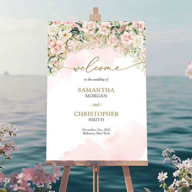 Póster Rosas rosa pastel y Boda dorado Bienvenidos (Elegant soft pink roses greenery and gold wedding welcome sign)