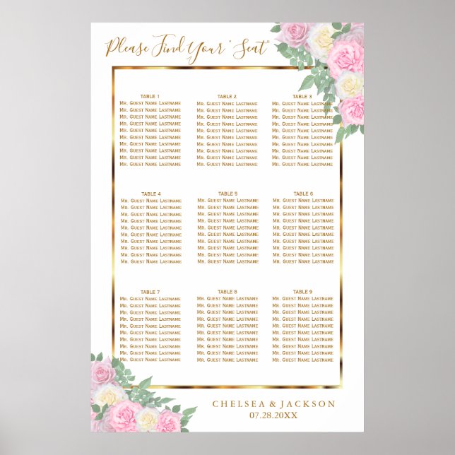 Póster Rosas rosa y blanco - 9 Asientos (Frente)