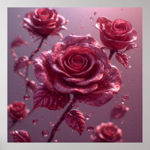 Póster Rosas rosadas delicadas con gotas de rocío y brill
