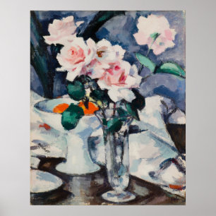Póster Rosas rosadas en jarrón de vidrio, pintura famosa