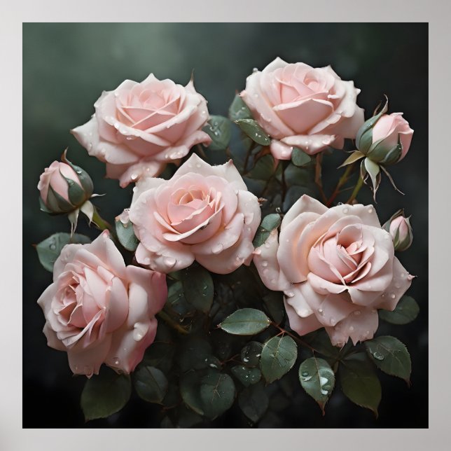 Póster Rosas rosadas pasteles con hojas verdes oscuras (Frente)