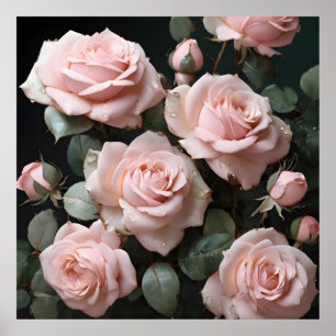 Póster Rosas rosadas pasteles con hojas verdes oscuras