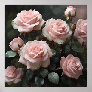 Póster Rosas rosadas pasteles con hojas verdes oscuras