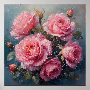 Póster Rosas rosadas vibrantes con pintura al óleo de roc