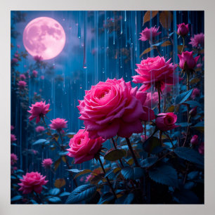 Póster Rosas rosadas vibrantes en un jardín lluvioso ilum