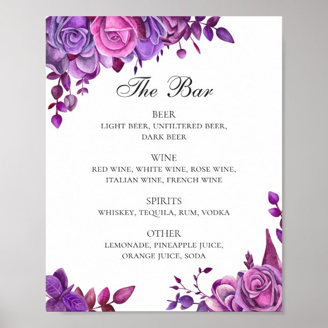 Póster Rosas rosados y morados. Bar de bebidas con boda f (Frente)