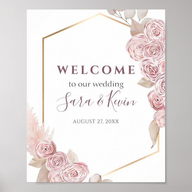 Póster Rosas rosas bohemias y la bienvenida Boda dorada (Frente)