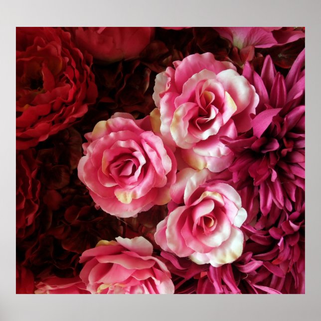 Póster rosas rosas rojas: fondo de tela. (Frente)