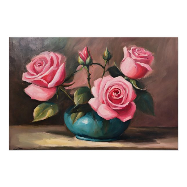 Póster Rosas rosas rosas en azul Vase fija Ilustracion de (Anverso)