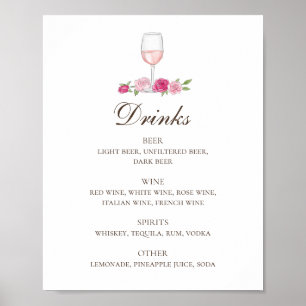 Póster Rosas rosas y vino. Bar de bebidas con boda floral