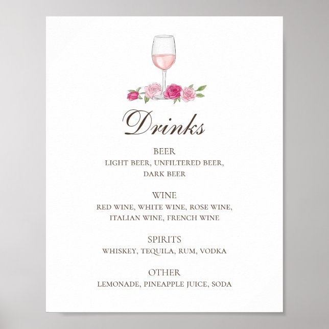 Póster Rosas rosas y vino. Bar de bebidas con boda floral (Frente)