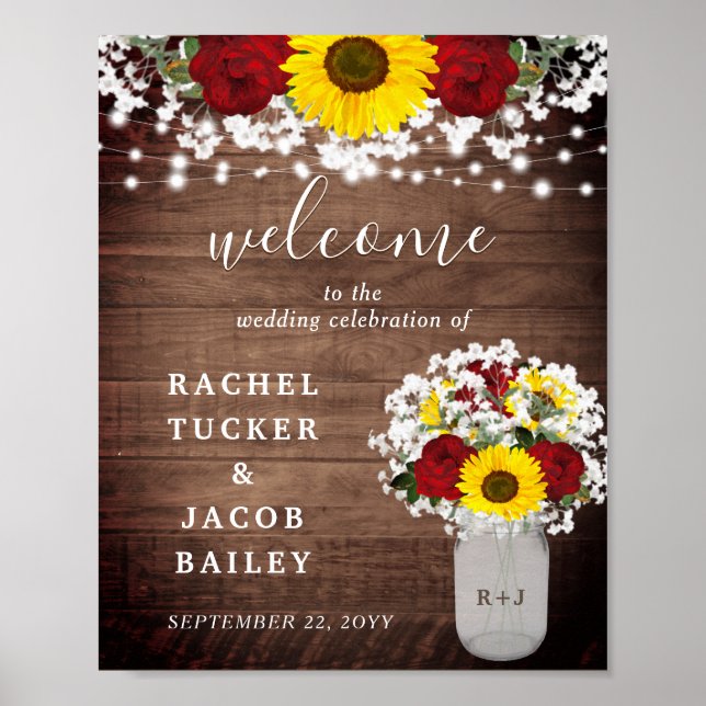 Póster Rosas rusos de girasoles Mason Jar Bienvenida Boda (Frente)