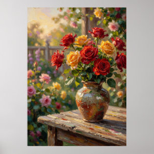 Póster Rosas Rústicas Iluminadas por el Sol: Pintura al Ó