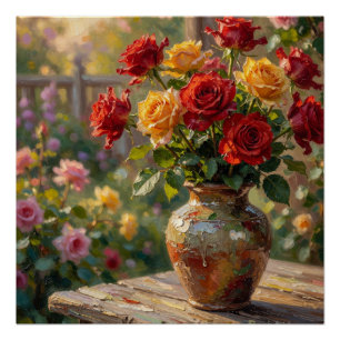Póster Rosas Rústicas Iluminadas por el Sol: Pintura al Ó