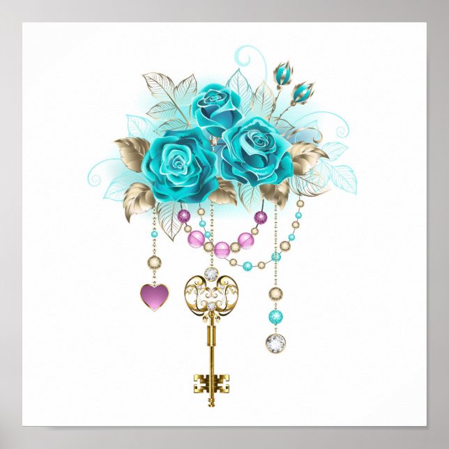 Póster Rosas turquesas con llaves (Frente)
