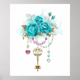 Póster Rosas turquesas con llaves