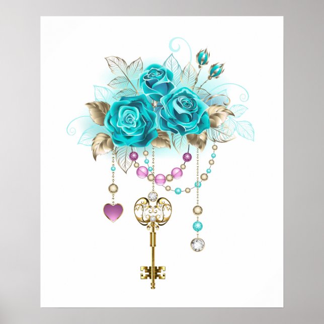 Póster Rosas turquesas con llaves (Frente)