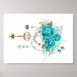 Póster Rosas turquesas con llaves