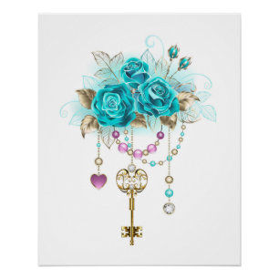 Póster Rosas turquesas con llaves