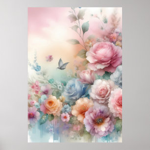 Póster Rosas Vintage color pastel con mariposa