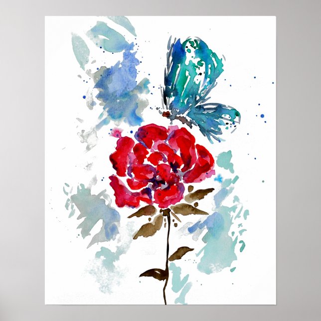 Póster Rose and Butterfly Watercolor Poster Print (Frente)