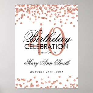 Póster Rose Gold 40th Birthday Glitter Confetti White
