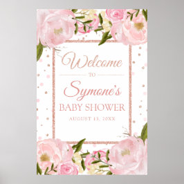 Póster Rose Gold and Pink Peony Baby Shower Welcome Sign