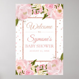 Póster Rose Gold and Pink Peony Baby Shower Welcome Sign