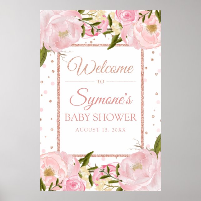 Póster Rose Gold and Pink Peony Baby Shower Welcome Sign (Frente)