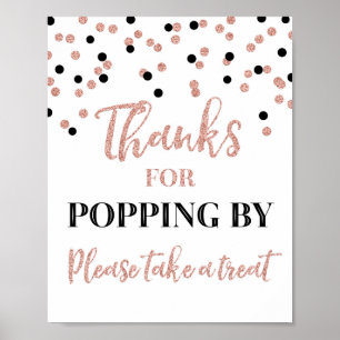 Póster Rose Gold Black Confetti Thanks Popping By Sign
