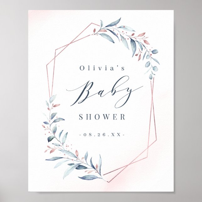 Póster Rose Gold Blue Greenery Geometric Baby Shower (Frente)