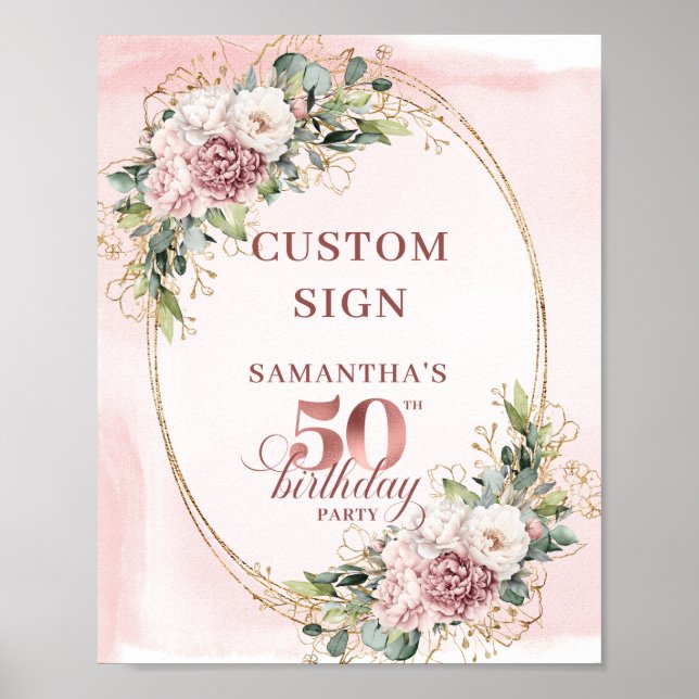 Póster Rose Gold Blush Floral 50th Birthday Custom Sign (Frente)