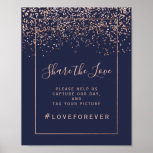 Póster Rose gold confetti navy blue wedding sign