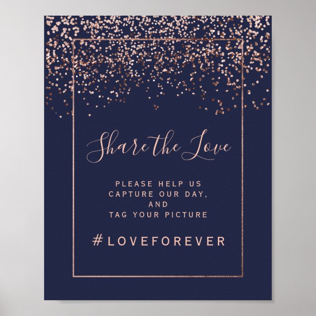 Póster Rose gold confetti navy blue wedding sign (Frente)