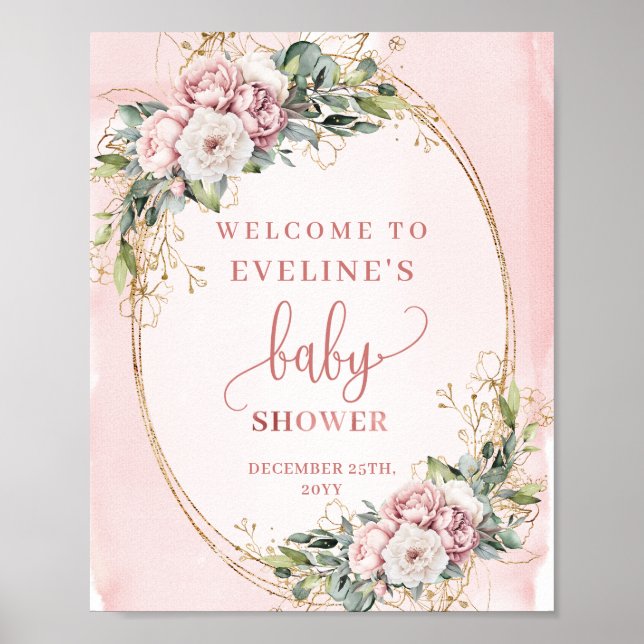 Póster Rose Gold Floral Eucalyptus Welcome Baby Shower  (Frente)