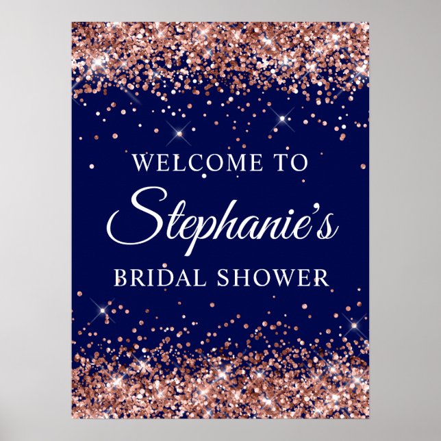 Póster Rose Gold Glitter Navy Bridal Shower Welcome (Frente)