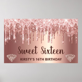 Póster Rose Gold Goteo de Brillo y Diamante Sweet 16 