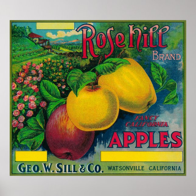 Póster Rose Hill Apple Crate LabelWatsonville, CA (Frente)